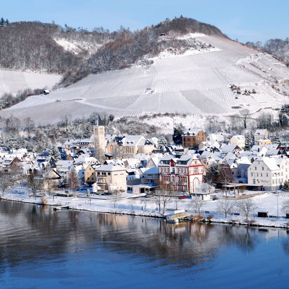 Malerischer Ausblick über die verschneiten Weinberge und die Mosel in Bullay im Winter